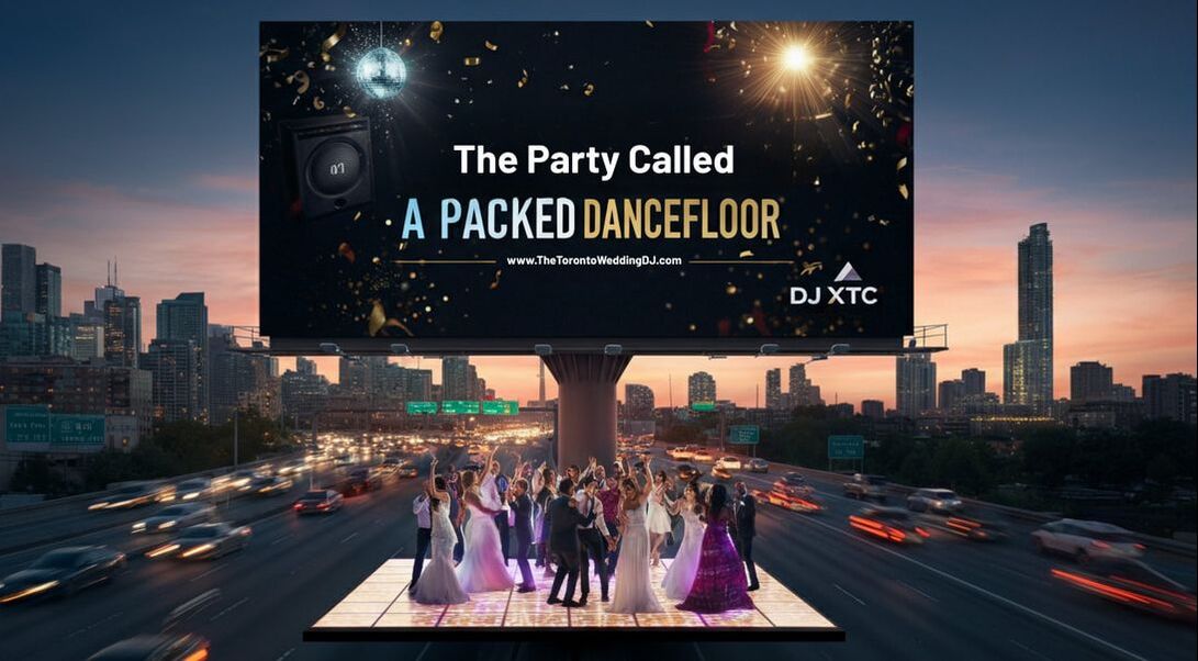 DJ XTC Entertainment billboard above Toronto’s 401 highway at sunset, showing diverse wedding guests dancing on a lit-up dancefloor, with the Toronto skyline in the background.